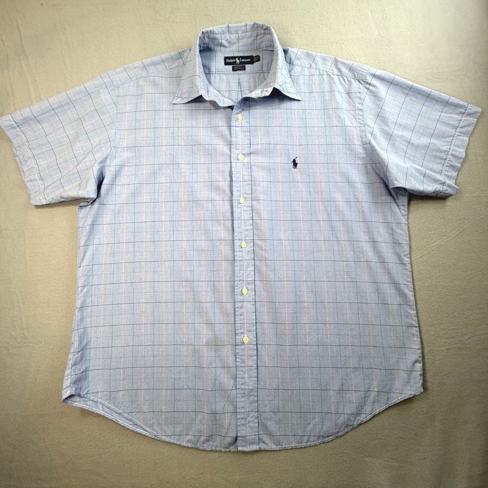 Ralph Lauren Blue Button Down 17.5 XL Plaid Yarmouth Short Sleeve Officewear - Picture 2 of 6